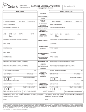 Ontario Marriage License Application Form